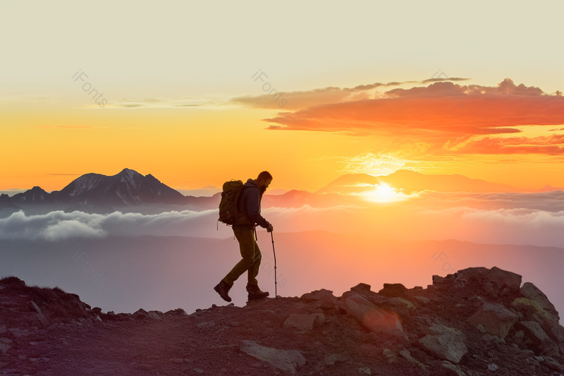 夏季日落时美丽的山脉中的徒步旅行场景,高清,摄影图,摄影图片,图片大全,摄影图免费下载